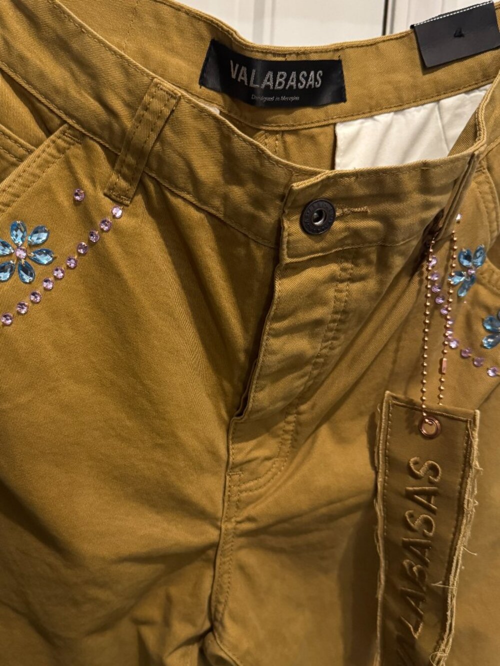 VALABASAS Khaki twill pants  with Embellished Pocket Detail SIZE 32